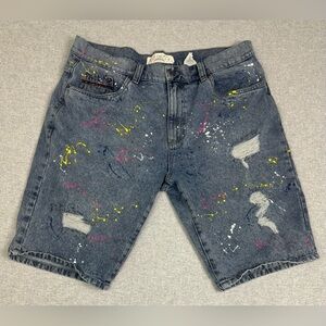 Vintage Baggy Jorts Short Men 38 Jean Denim Y2K Skater Streetwear Paint Splatter